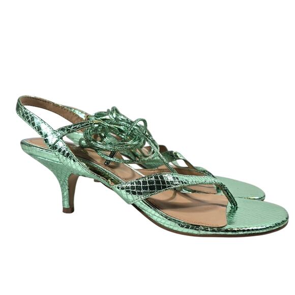 L Jewel Badgley Mischka Nolin Metallic Green Ankle Wrap Thong Sandals Heels Sz 6 - Picture 1 of 10